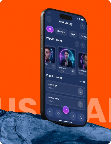 Smartphone displaying a music app library with popular songs and artist images against an orange background.