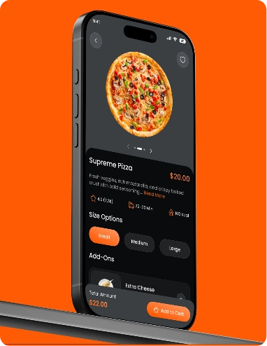Smartphone displaying a food delivery app page for Supreme Pizza with size and add-on options and an orange 'Add to Cart' button.